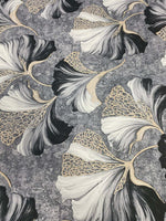 Black and white ginkgo leaf fabric with elegant gold vein botanical print on textured background