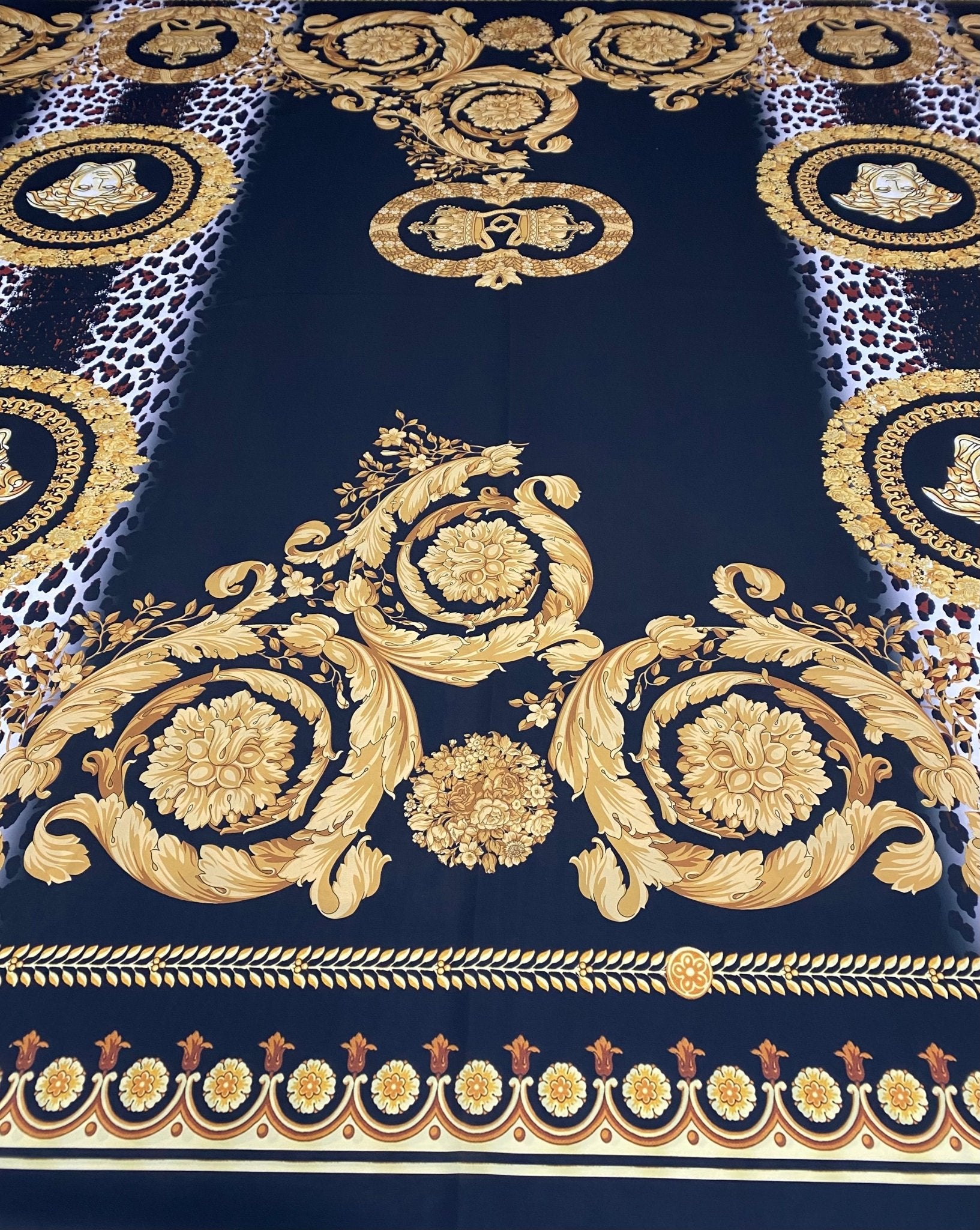 Black Baroque Gold Crepe Fabric by the Metre - Whotex Fabrics London