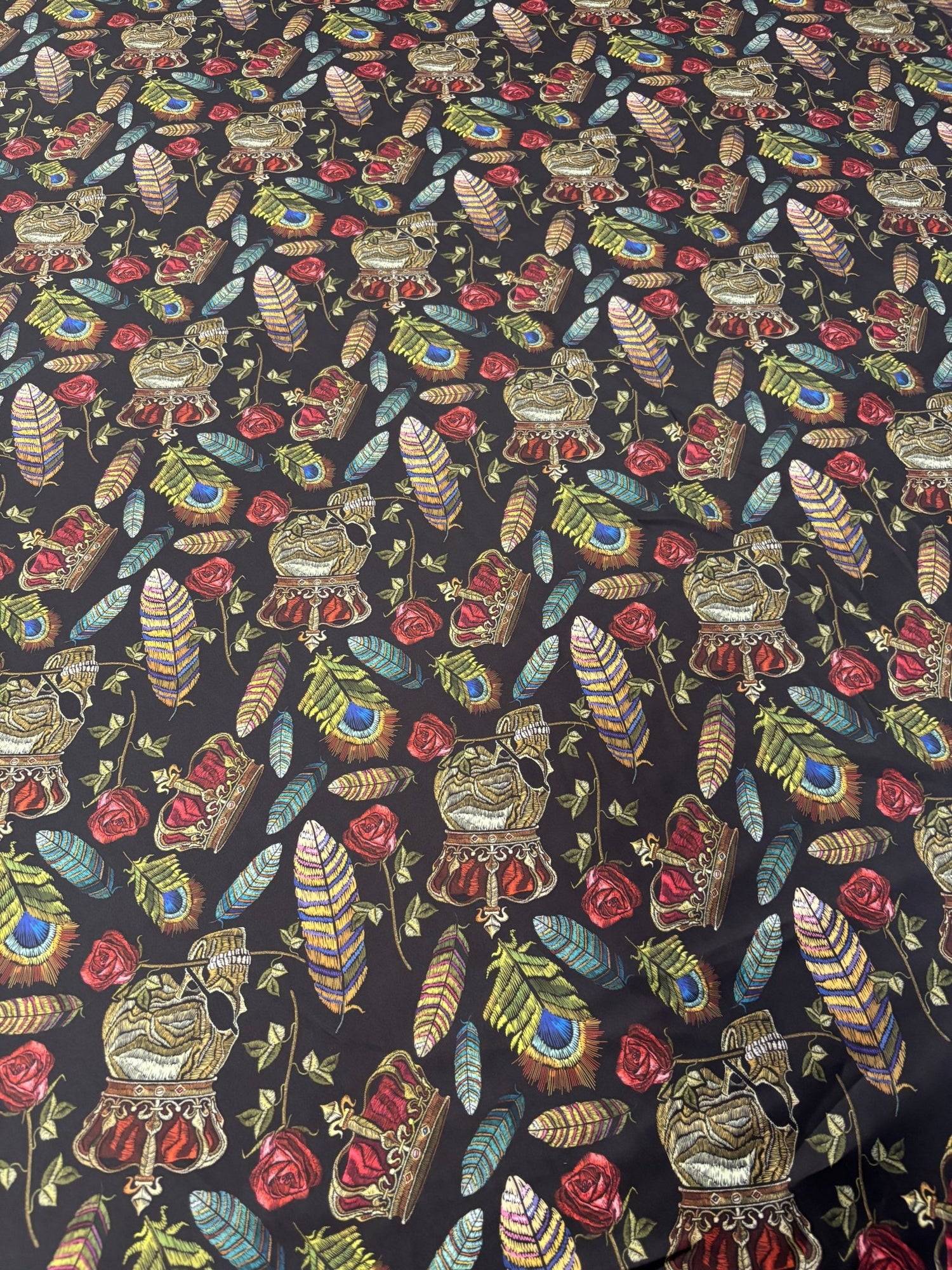 Black Chiffon Satin Fabric by the Metre – Gothic Crown Roses Feathers - Whotex Online Fabric Store