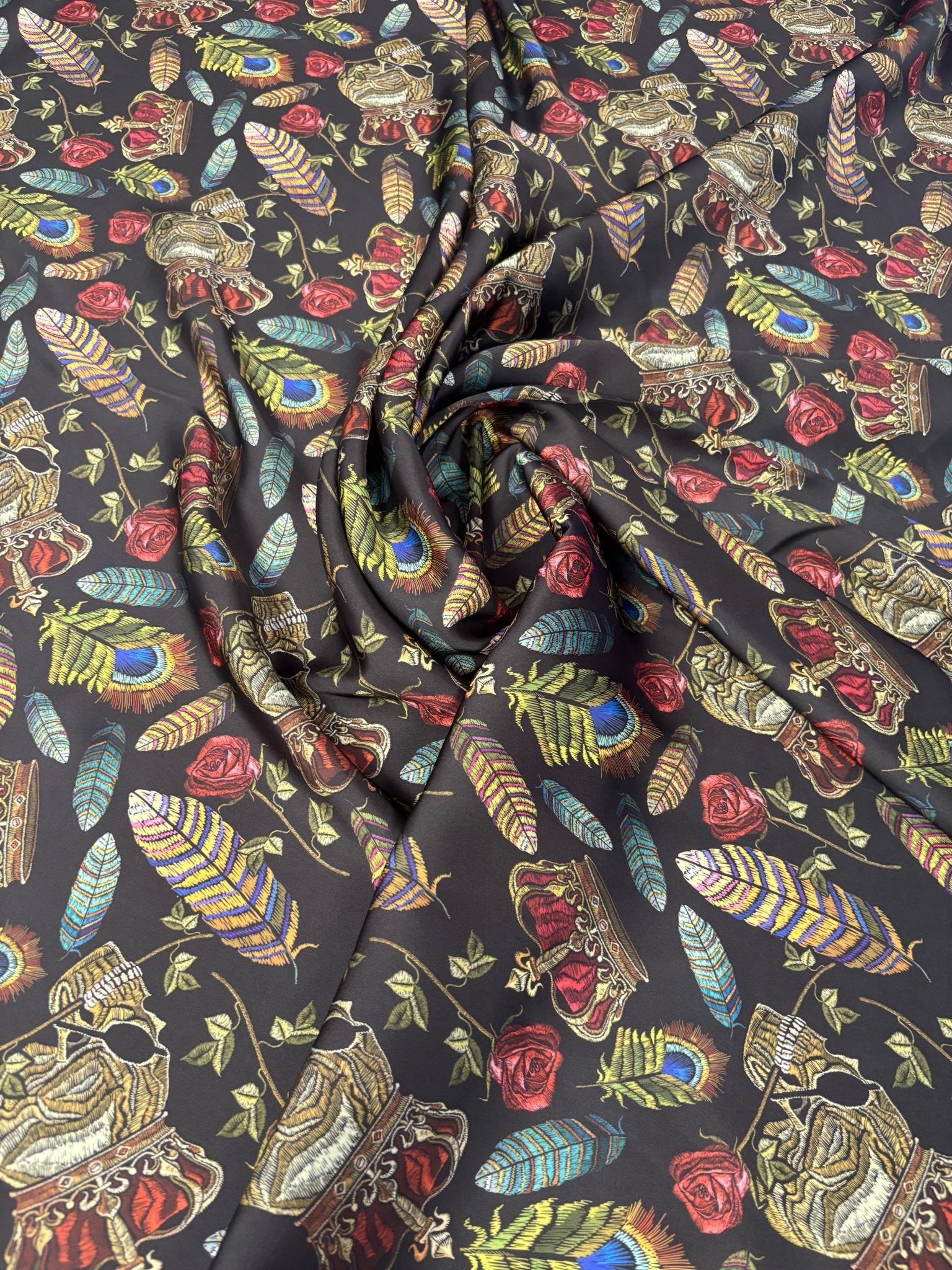 Black Chiffon Satin Fabric by the Metre – Gothic Crown Roses Feathers - Whotex Online Fabric Store