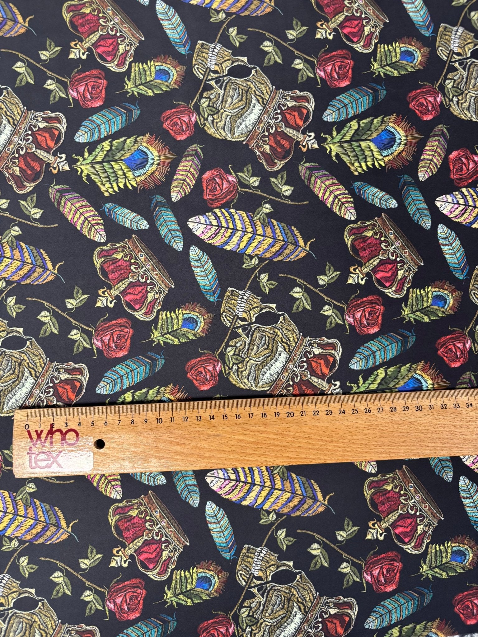 Black Chiffon Satin Fabric by the Metre – Gothic Crown Roses Feathers - Whotex Online Fabric Store