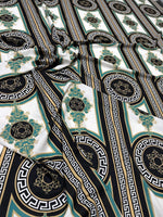 Greek Key Pattern Fabric with classic black, white, and gold geometric design, ideal for upholstery and drapery projects