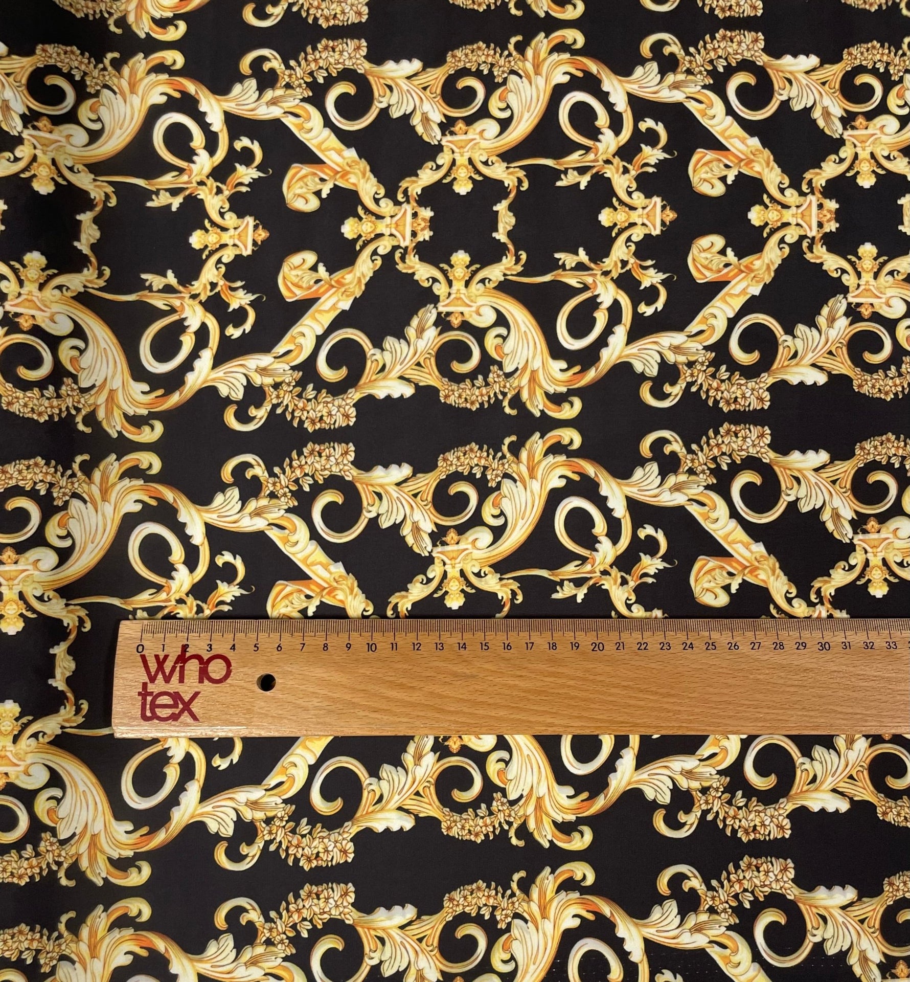 Black Satin Fabric with Gold Baroque Scroll Design - Whotex Fabrics London