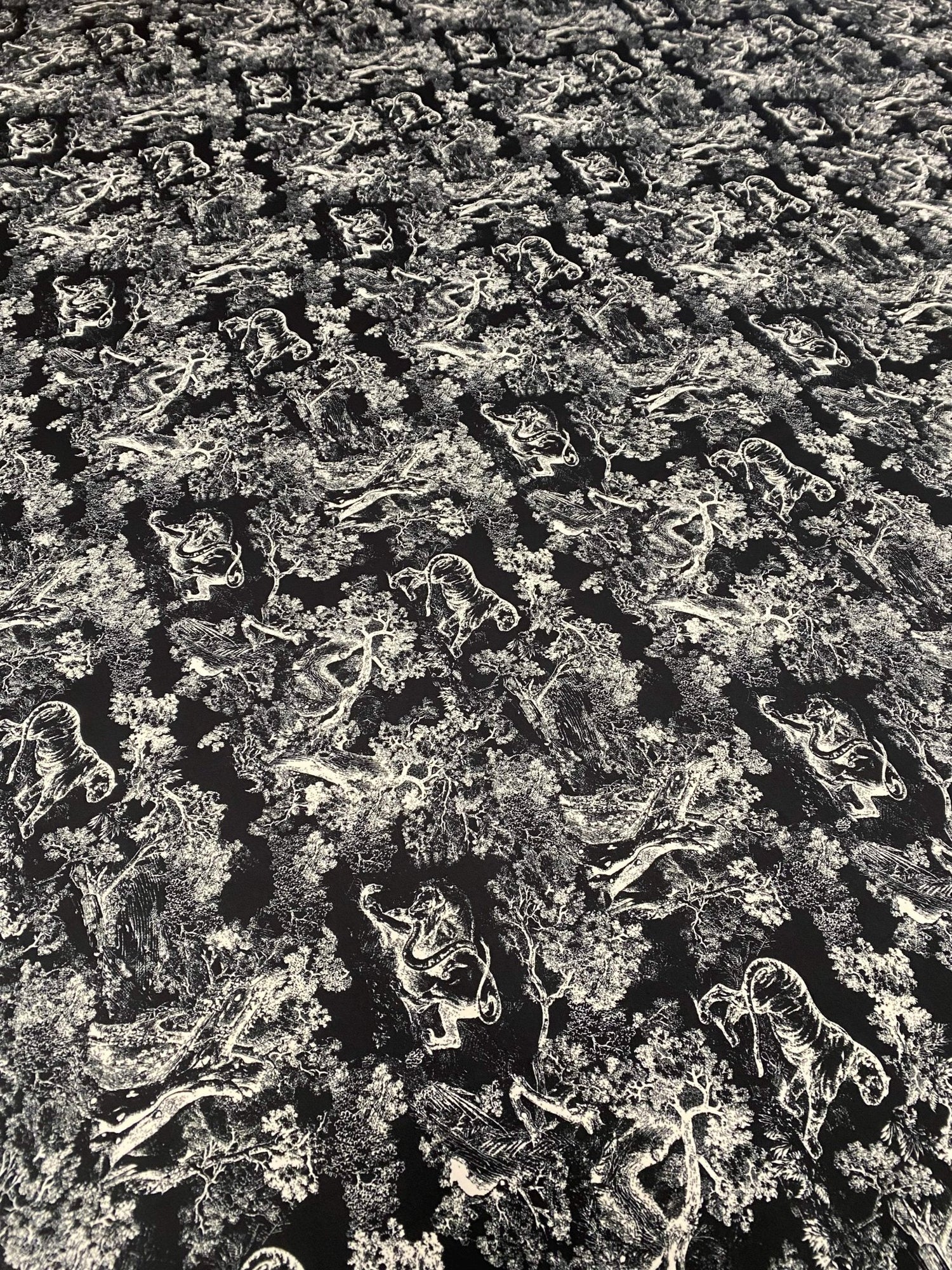 Black Wild Forest Pattern Fabric – Available in Satin, Crepe, Spandex & Chiffon | By Metre - Whotex Online Fabric Store