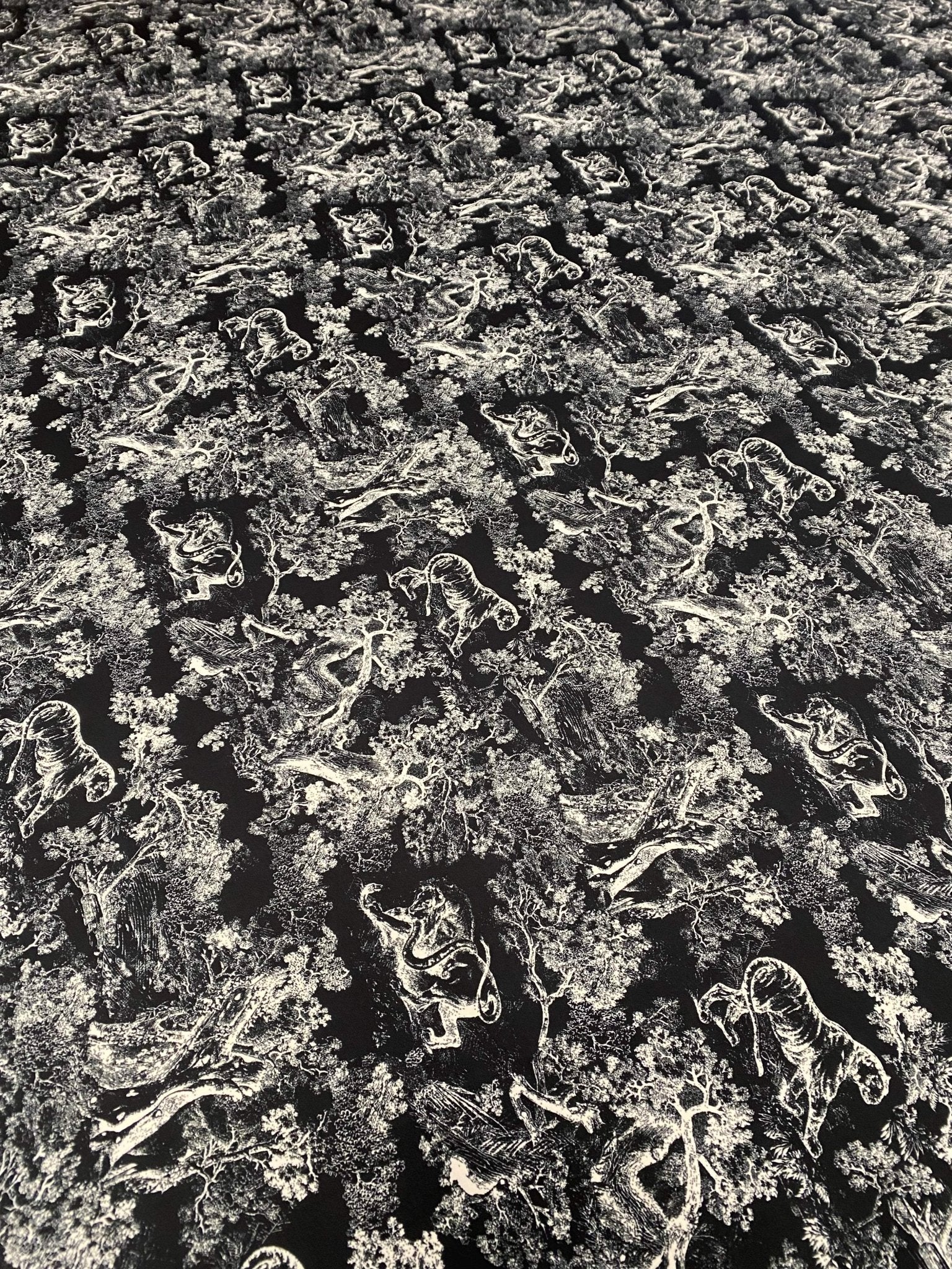 Black Wild Forest Pattern Fabric – Available in Satin, Crepe, Spandex & Chiffon | By Metre - Whotex Online Fabric Store