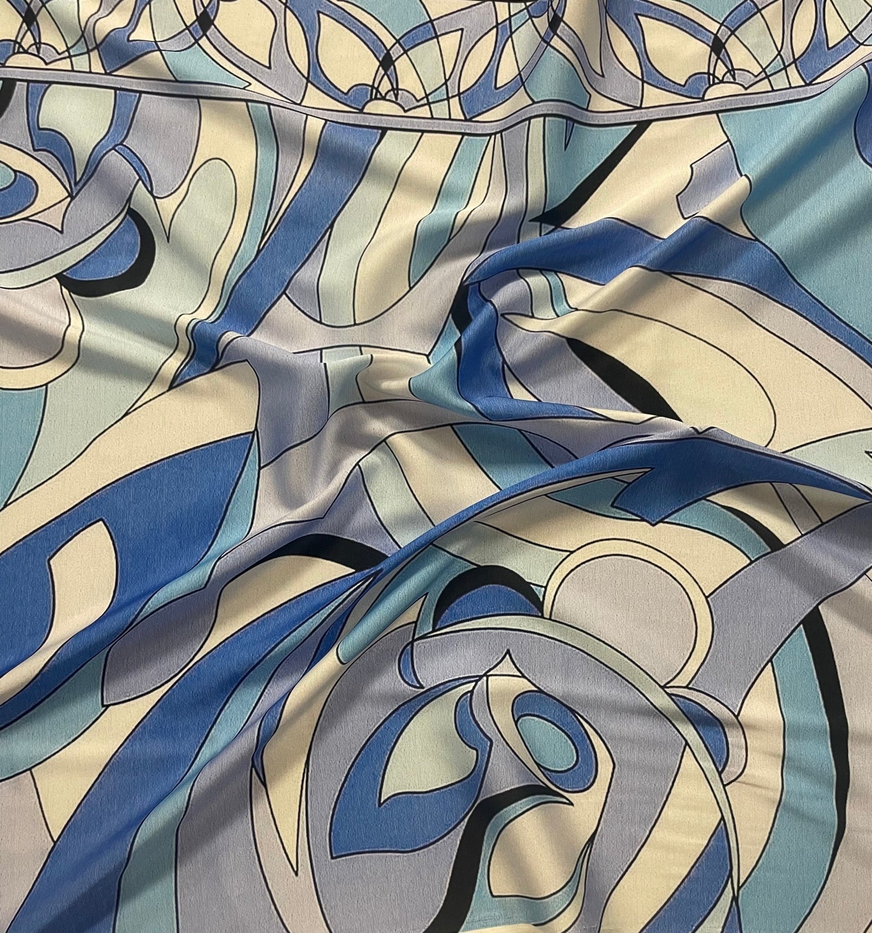 Blue Abstract Fabric – Retro Geometric Wave Print by the Metre - Whotex Fabrics London