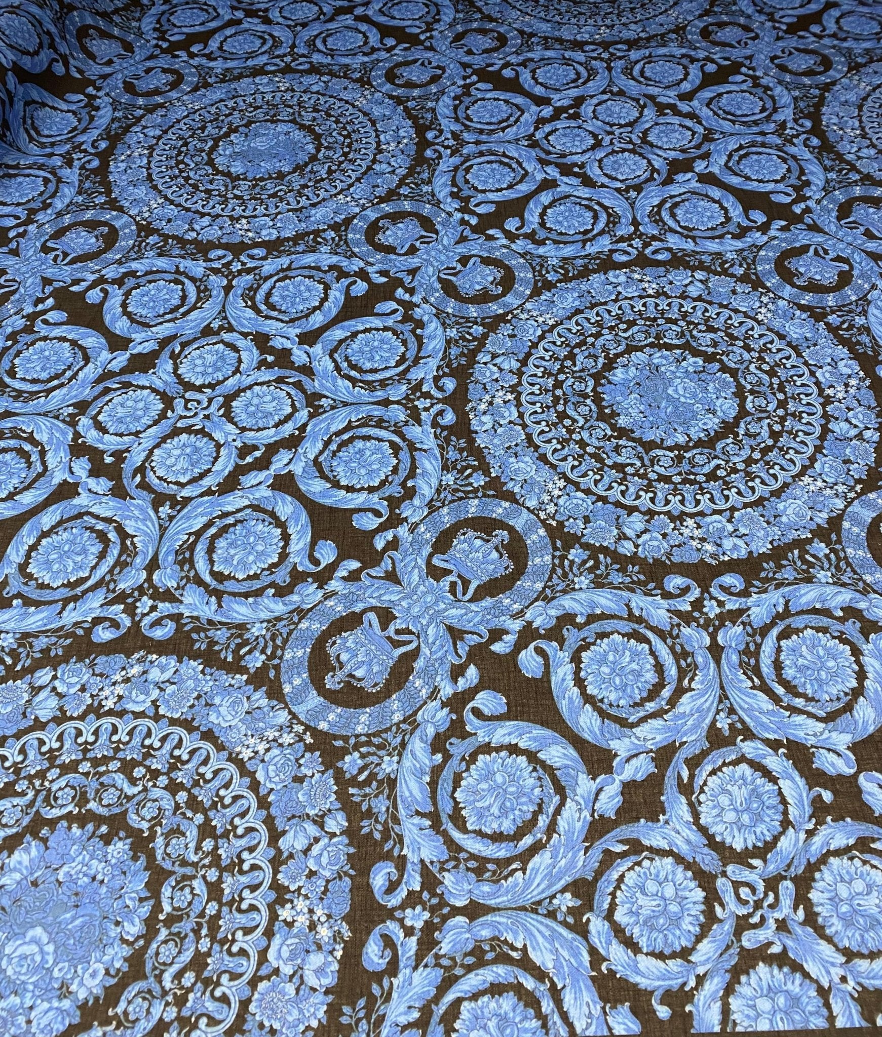 Blue Baroque Floral Linen Fabric by the Metre - Whotex Fabrics London