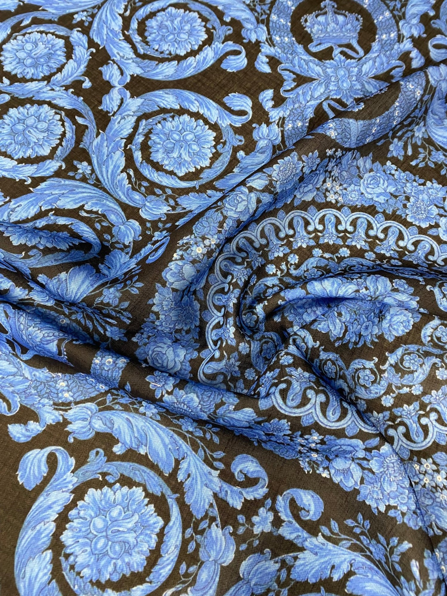 Blue Baroque Floral Linen Fabric by the Metre - Whotex Fabrics London