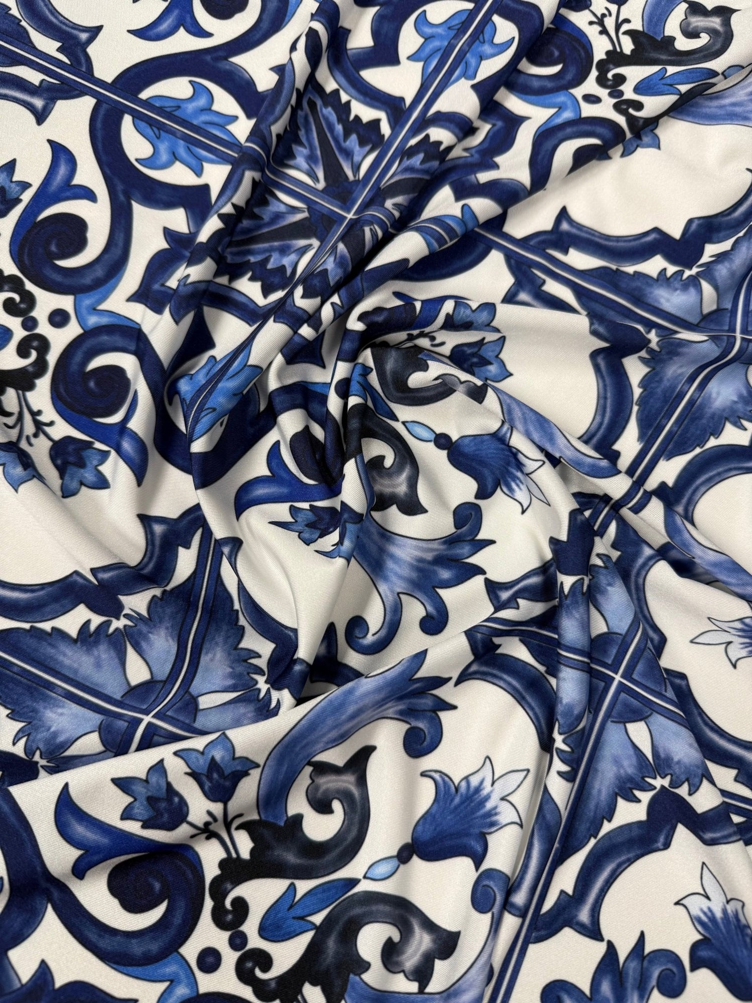 Blue Baroque Print Spandex Fabric by the Metre - Whotex Fabrics London