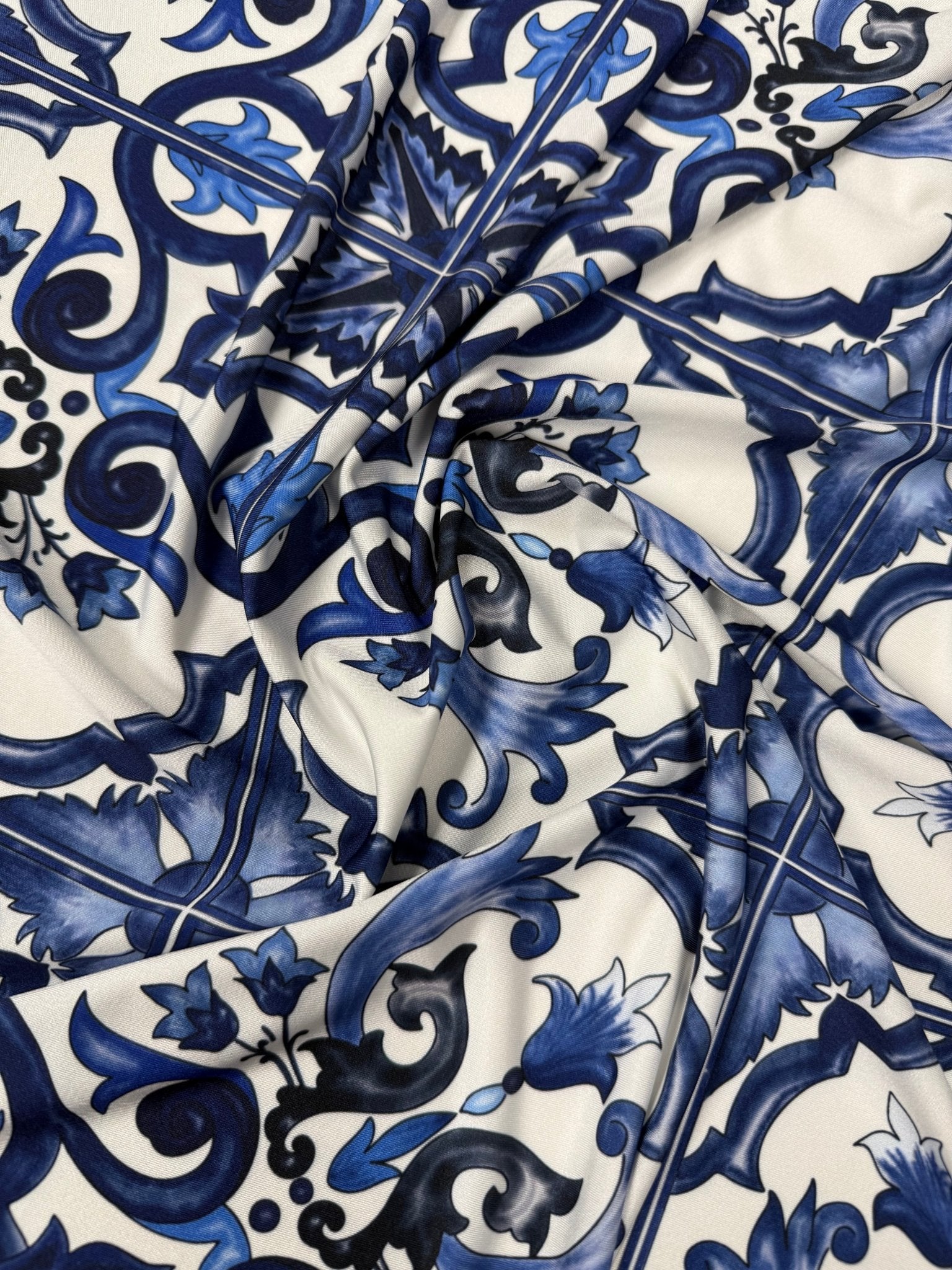 Blue Baroque Print Spandex Fabric by the Metre - Whotex Fabrics London