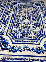 Blue Floral Tile Crepe Fabric by the Metre – White & Navy Classic - Whotex Online Fabric Store