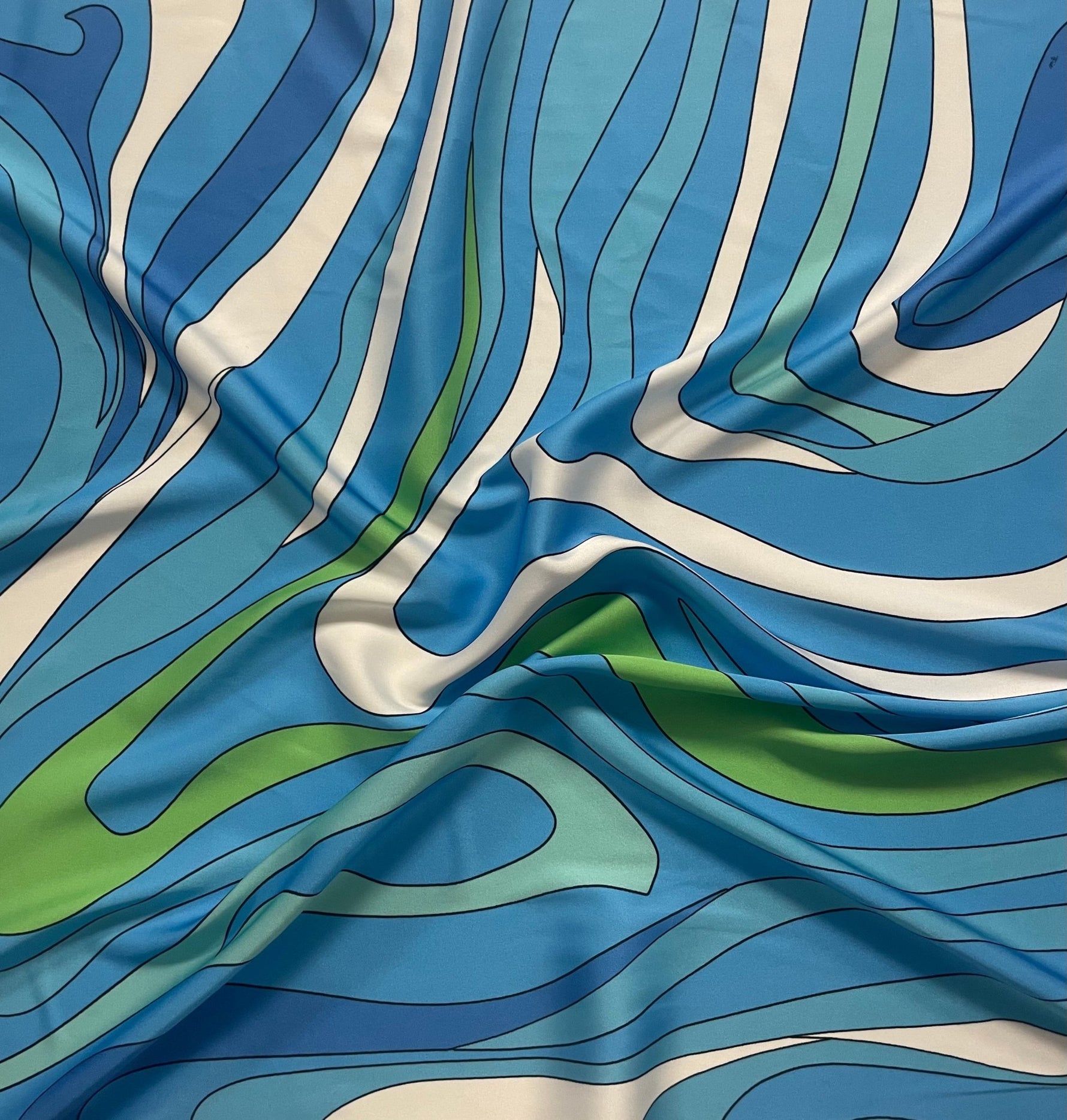 Blue Green Wave Fabric – Ocean Abstract Print by the Metre - Whotex Fabrics London
