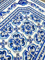 Blue Majolica Silky Crepe Fabric with intricate blue majolica pattern and smooth silky texture