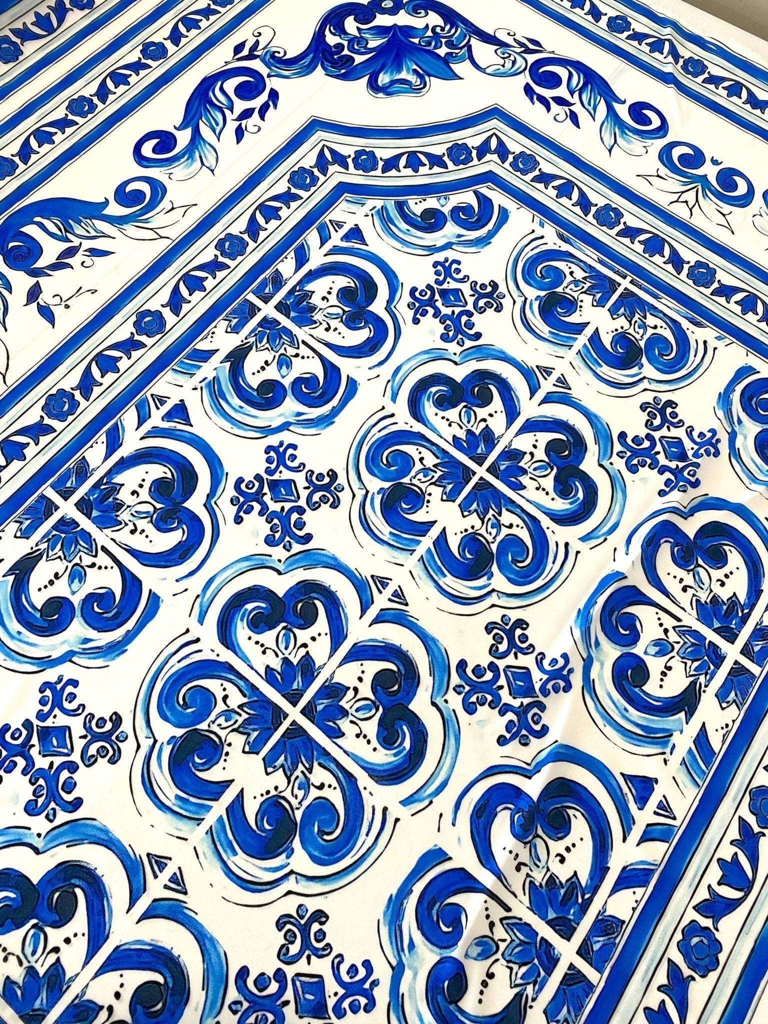 Blue Majolica Silky Crepe Fabric with intricate blue majolica pattern and smooth silky texture