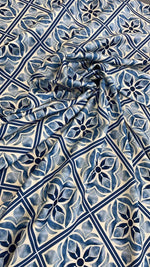 Blue Mediterranean tile pattern fabric with intricate floral and geometric designs in various shades of blue and white.