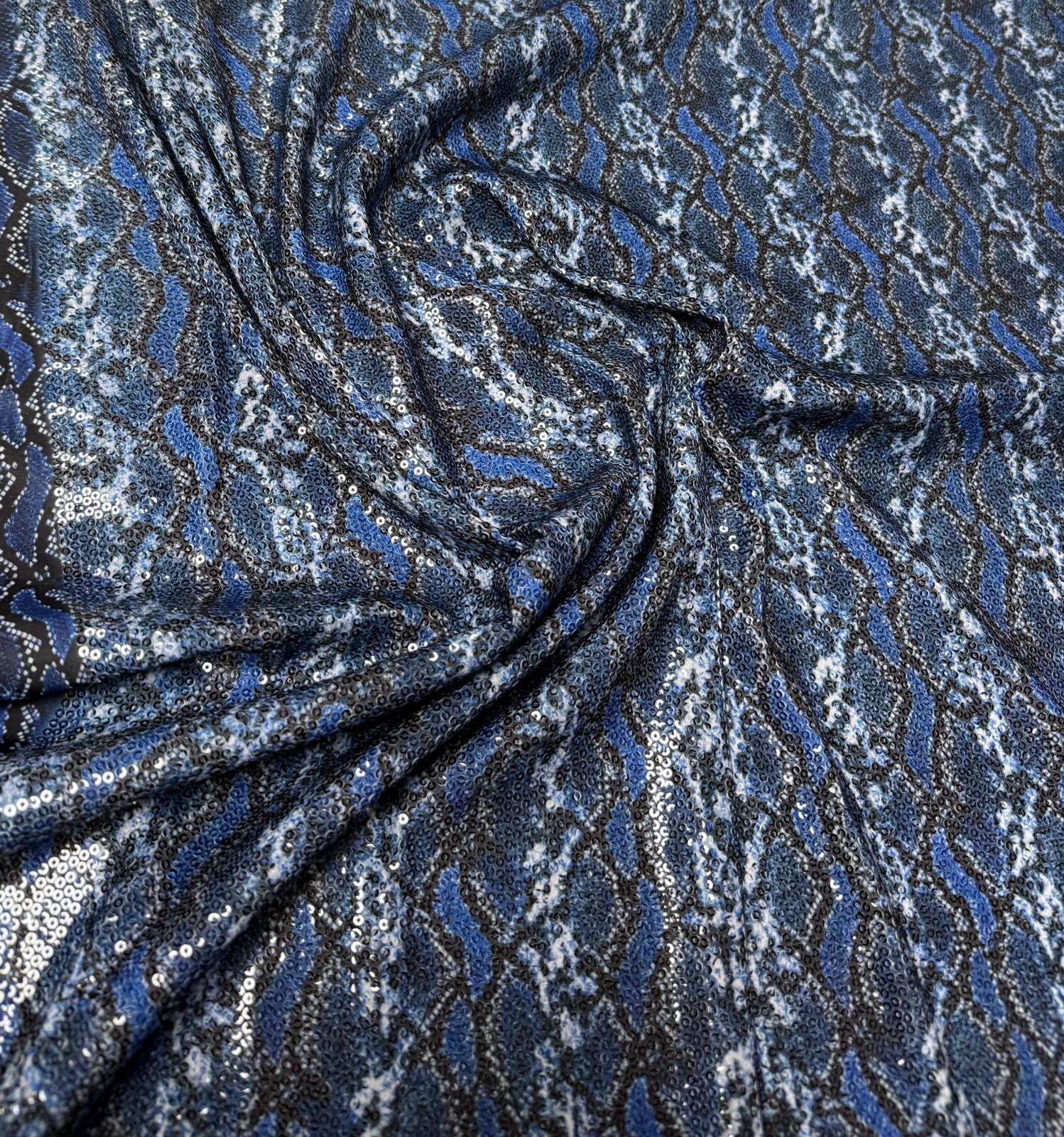 Blue Snake Print Sequin Fabric by the Metre - Whotex Fabrics London