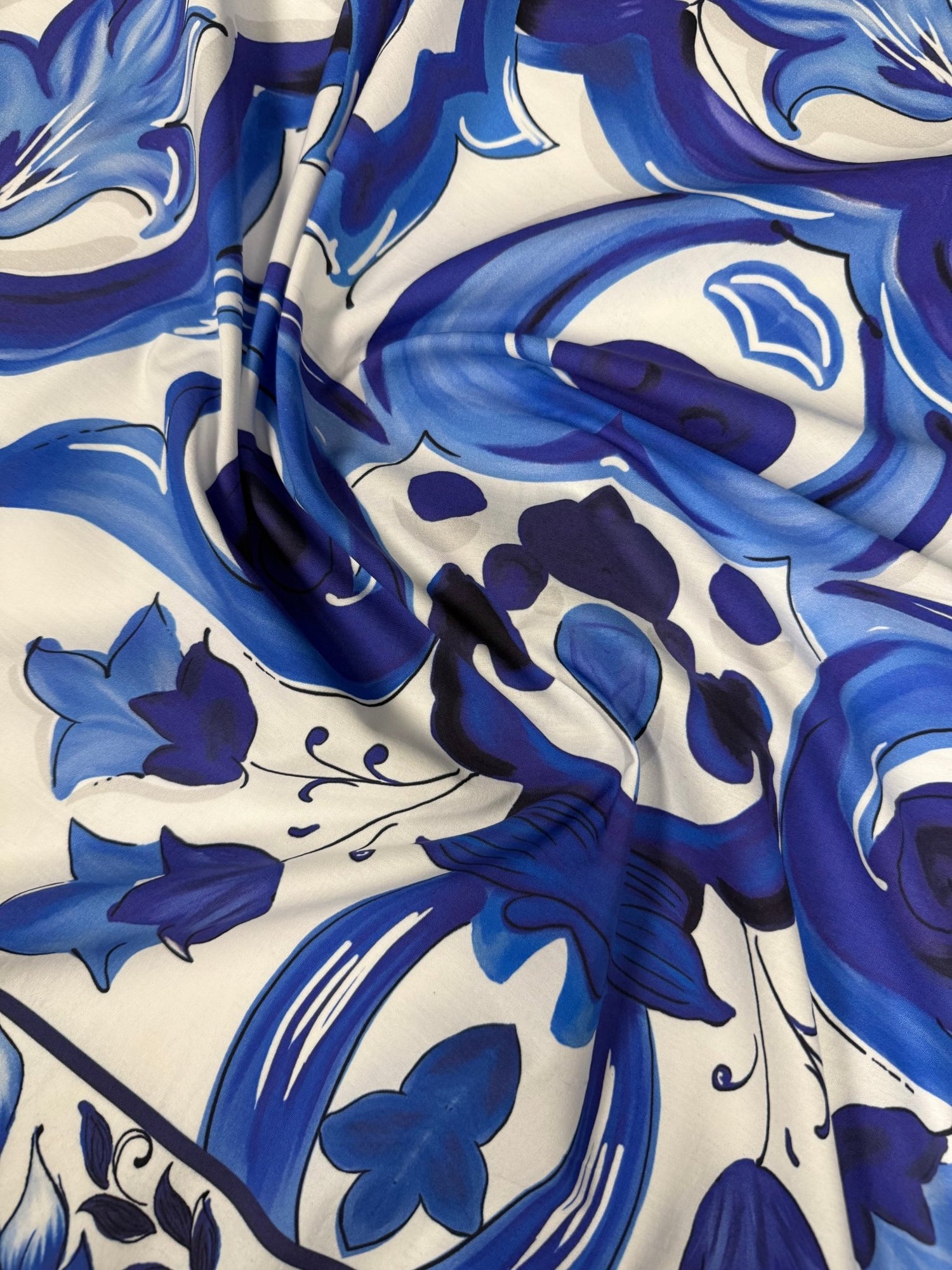 Blue & White Majolica Tile Organic Cotton Poplin Fabric by the Metre - Whotex Fabrics London
