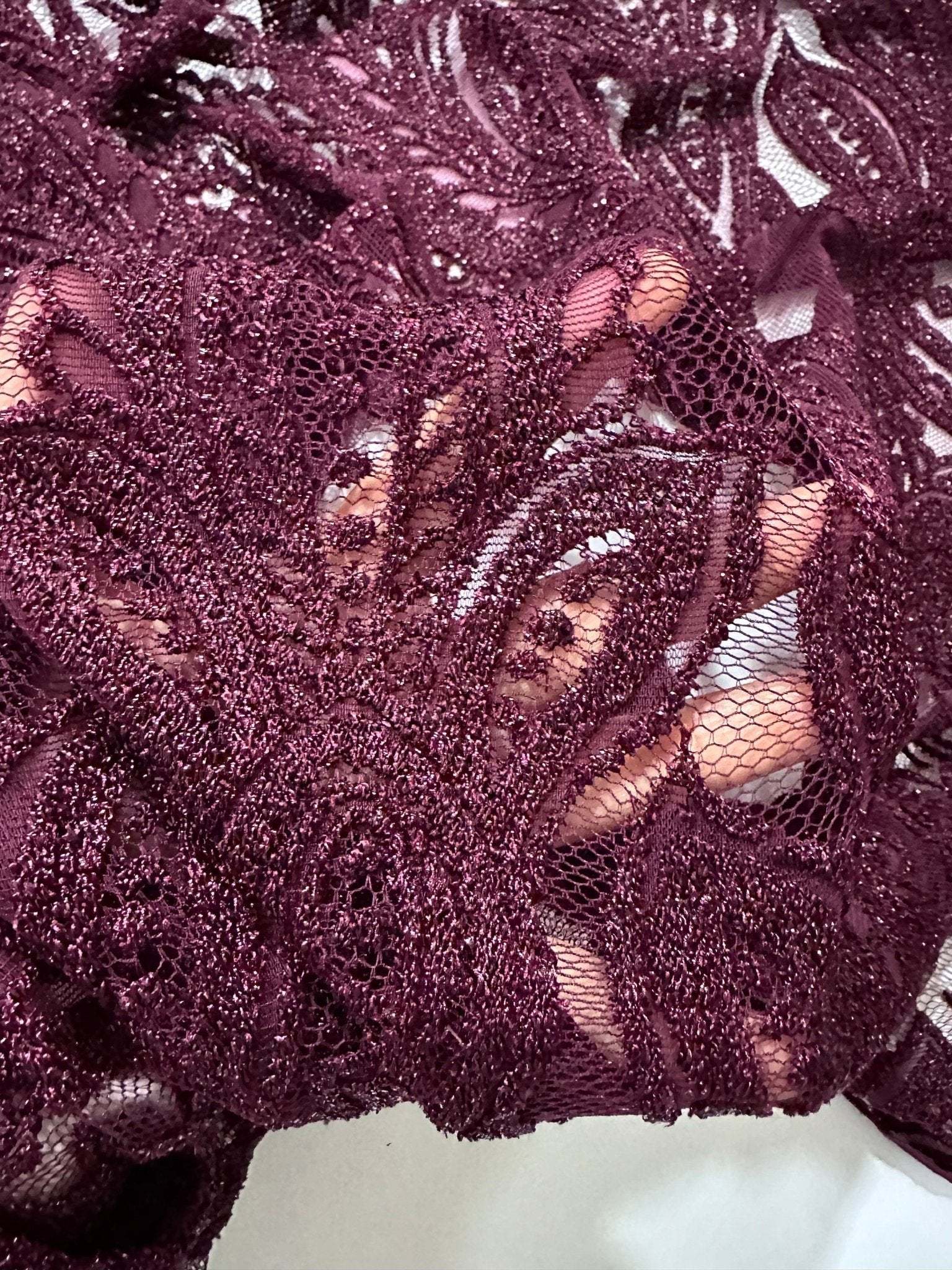 Bordeaux floral pattern lace fabric with intricate floral design and 150 cm width