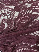 Bordeaux floral pattern lace fabric with intricate floral design, ideal for fashion and craft projects, 150 cm wide