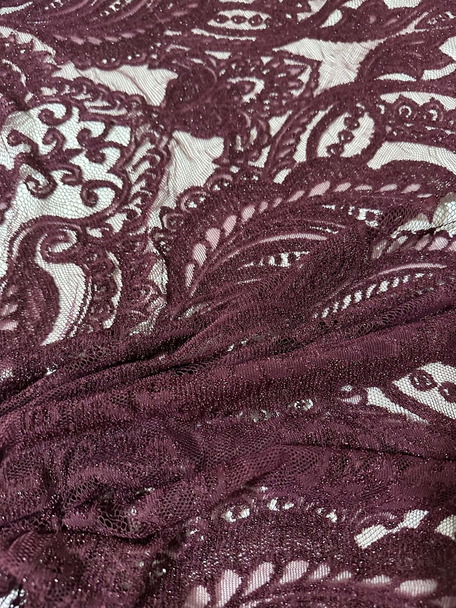 Bordeaux floral pattern lace fabric with intricate floral design, ideal for fashion and craft projects, 150 cm wide