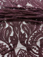 Bordeaux floral pattern lace fabric with intricate floral design, ideal for clothing, accessories, and crafts, 150 cm wide