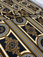 Brown silky crepe fabric with elegant Greek key pattern and intricate gold design