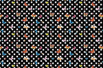 Black fabric with white polka dots and colorful butterfly pattern for sewing projects