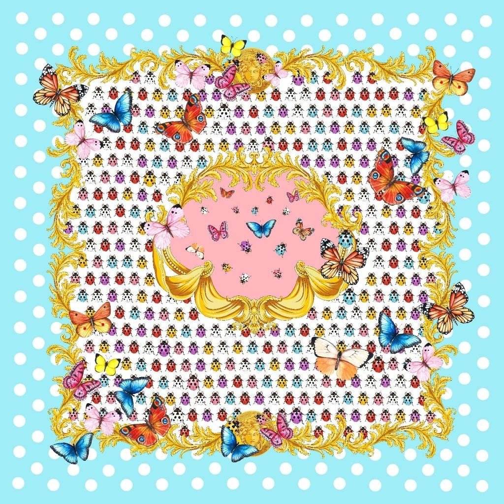 Colorful butterfly and polka dot print fabric with vibrant butterflies and decorative golden accents on a blue background
