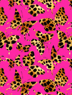 Hot pink fabric with leopard print butterfly pattern for sewing and crafting projects