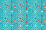 Baby blue fabric with white polka dots and colorful butterfly pattern for sewing projects