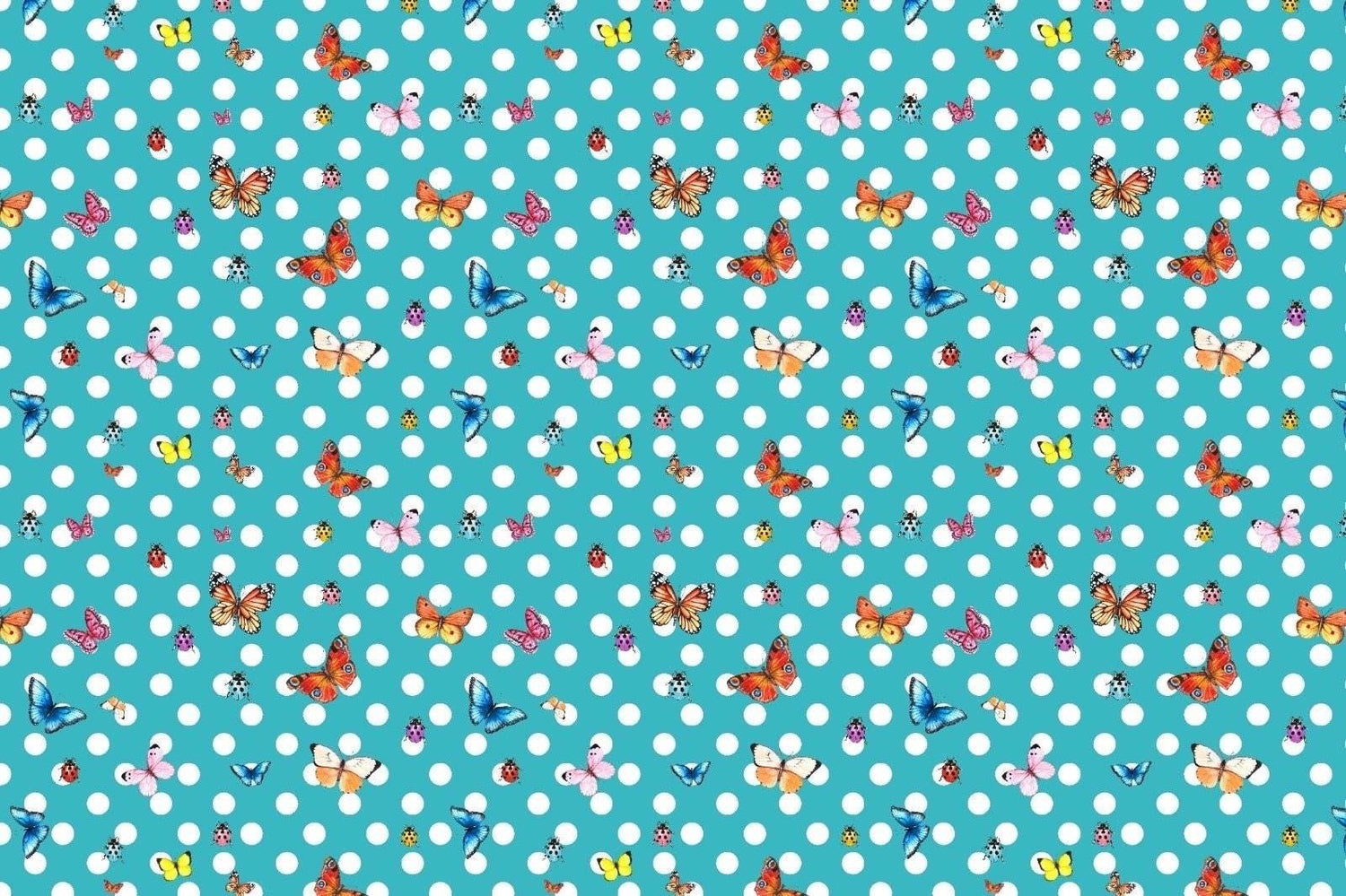 Baby blue fabric with white polka dots and colorful butterfly pattern for sewing projects