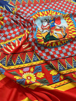 Bright Caretto Scilly designs fabric with vibrant patterns and detailed horseman motif, 150cm width