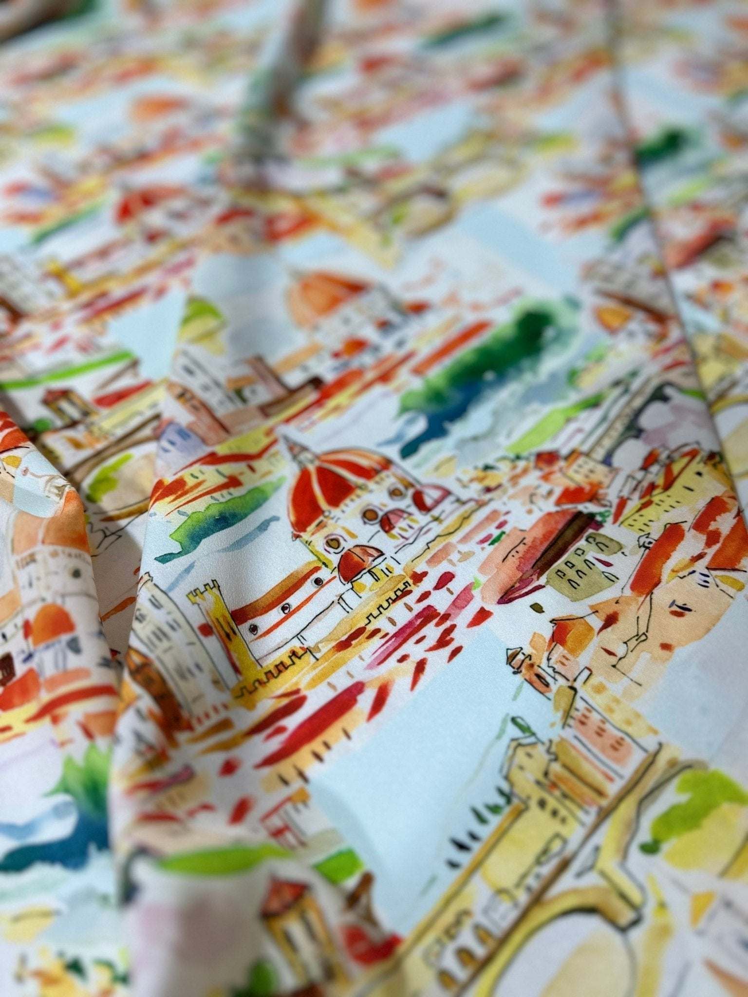 Florence Cathedral pattern crepe fabric with colorful Italian architectural design and 150cm width