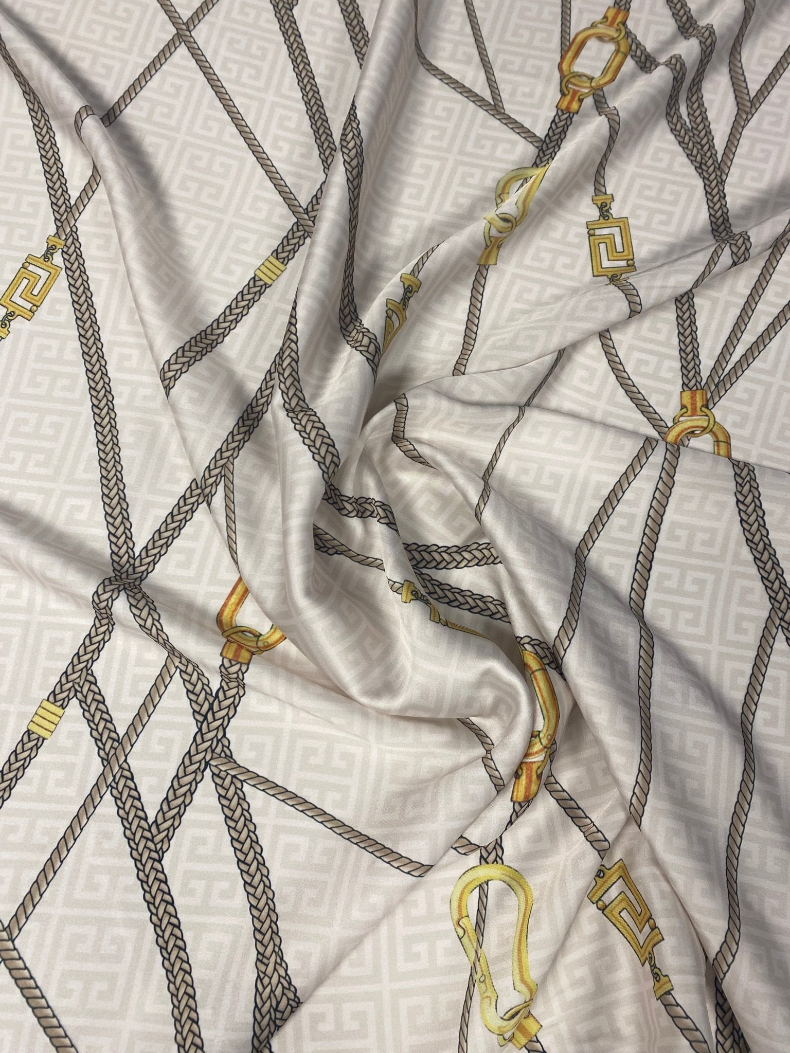 Chain Print Chiffon Satin Fabric in Beige & Gold - Whotex Fabrics London