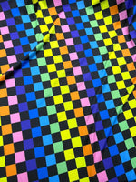 Rainbow Checkers Print Fabric with vibrant multicolor square pattern on soft textile by the yard