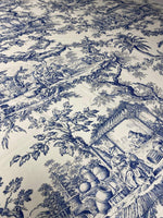 Classic Blue Toile de Jouy Print Fabric with detailed pastoral scenes in elegant blue on white background, ideal for upholstery and curtains