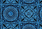 Blue Baroque pattern fabric with intricate floral and scroll designs in vibrant blue on black background