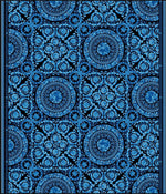 Blue Baroque pattern fabric with intricate circular and floral designs in vibrant blue tones on a dark background, 150cm wide.