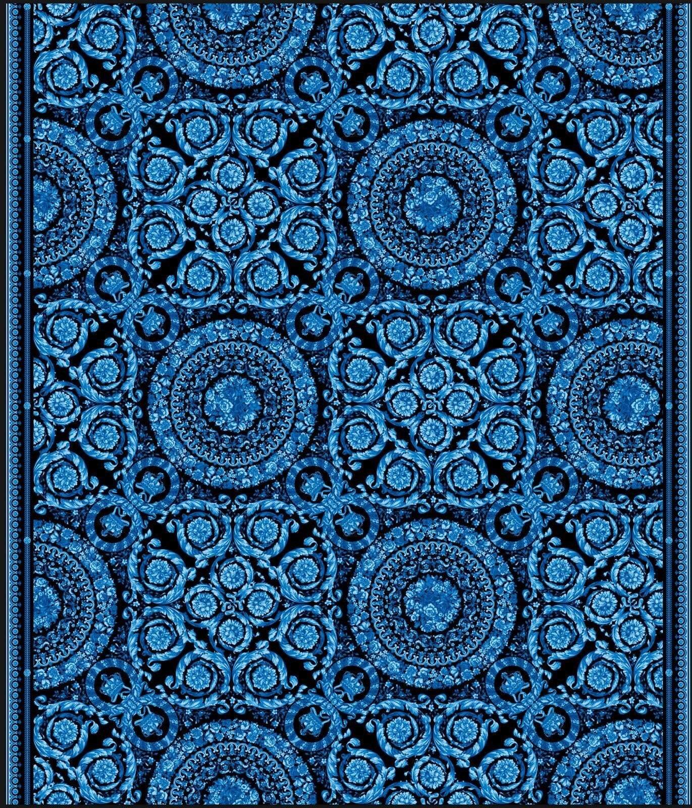 Blue Baroque pattern fabric with intricate circular and floral designs in vibrant blue tones on a dark background, 150cm wide.