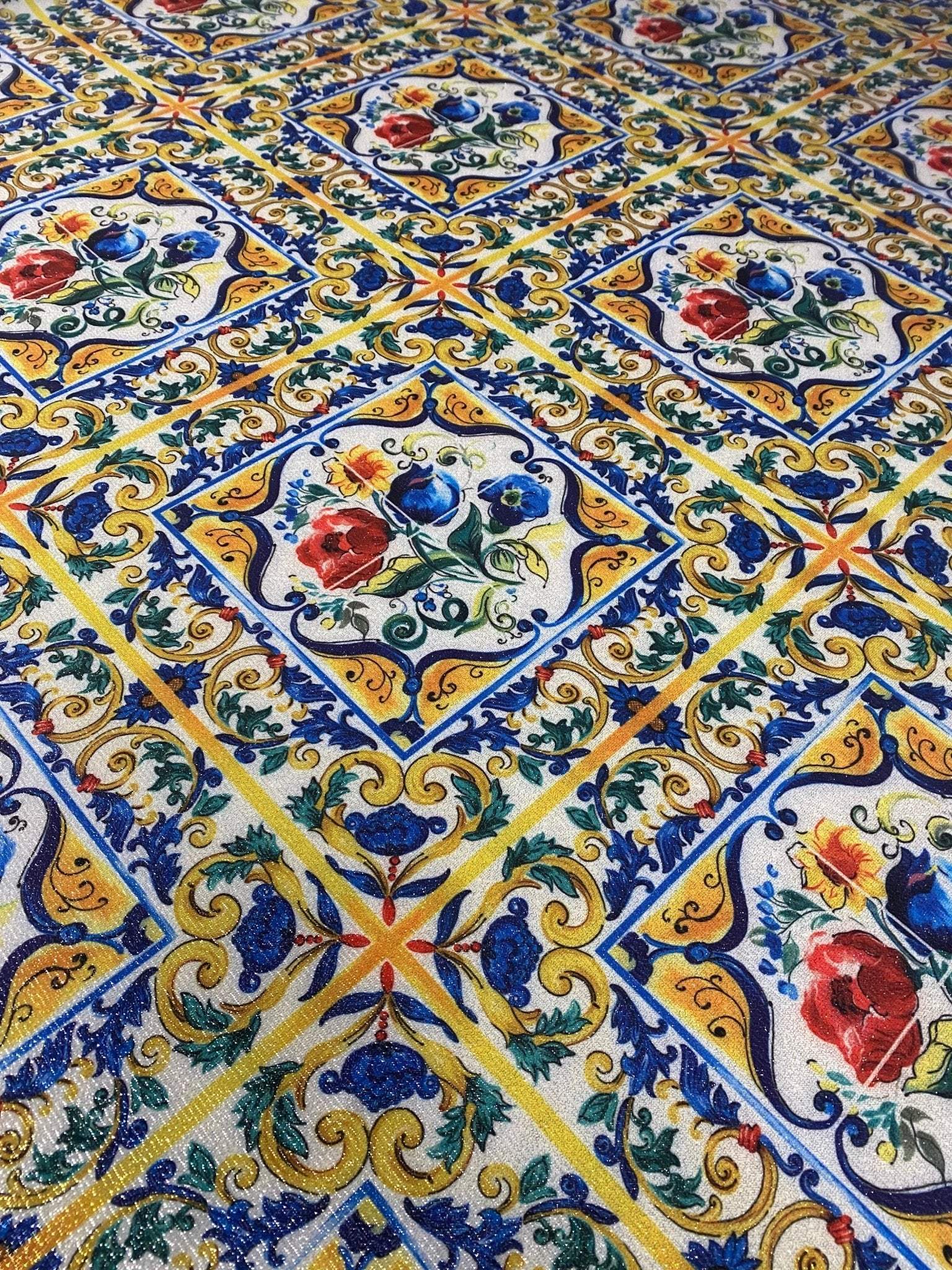 vintage floral patterned fabric with colorful ceramic tile inspired design and gold lurex glitter accents