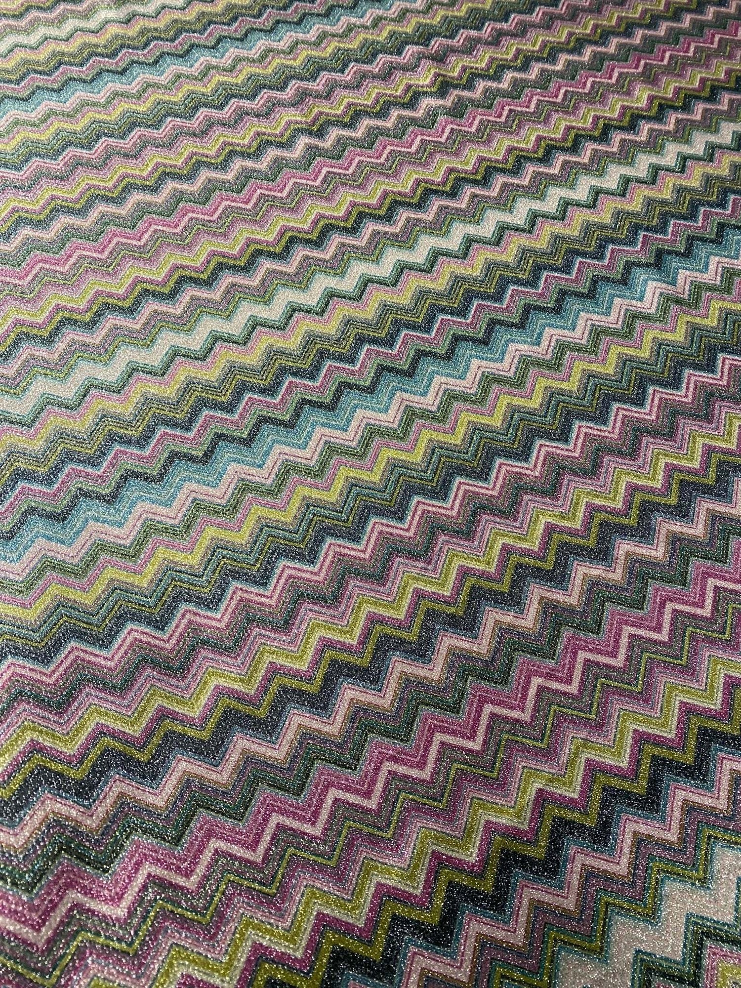 Gold Lurex striped glitter fabric with colorful zigzag pattern and 4-way stretch polyester blend