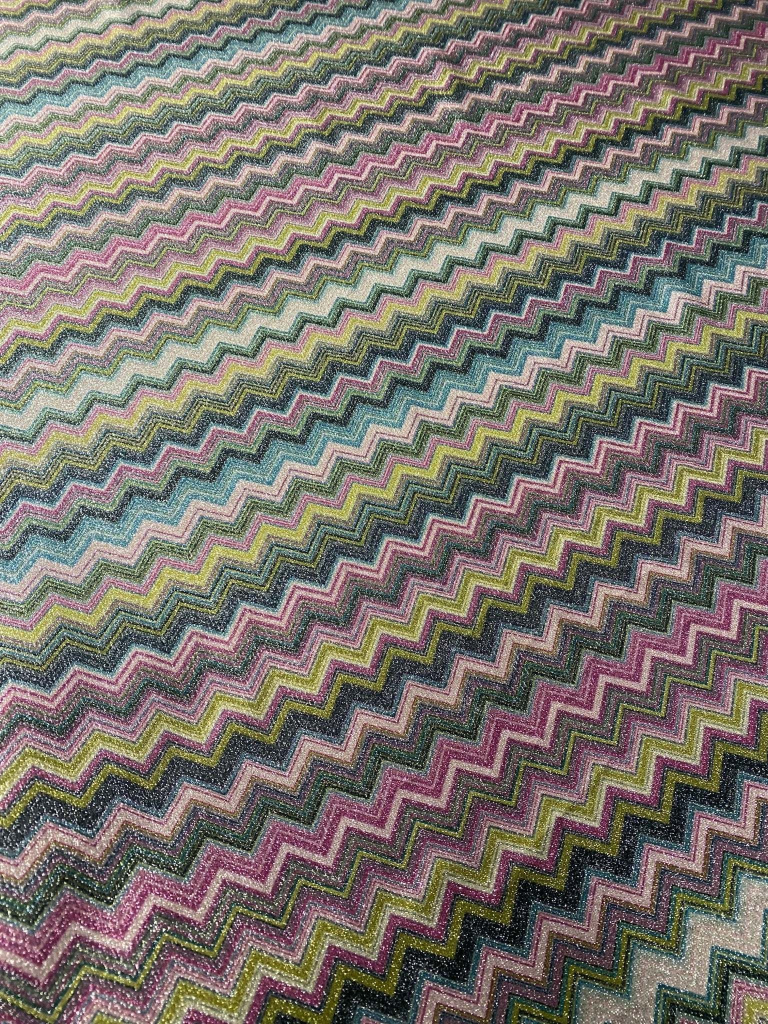 Gold Lurex striped glitter fabric with colorful zigzag pattern and 4-way stretch polyester blend