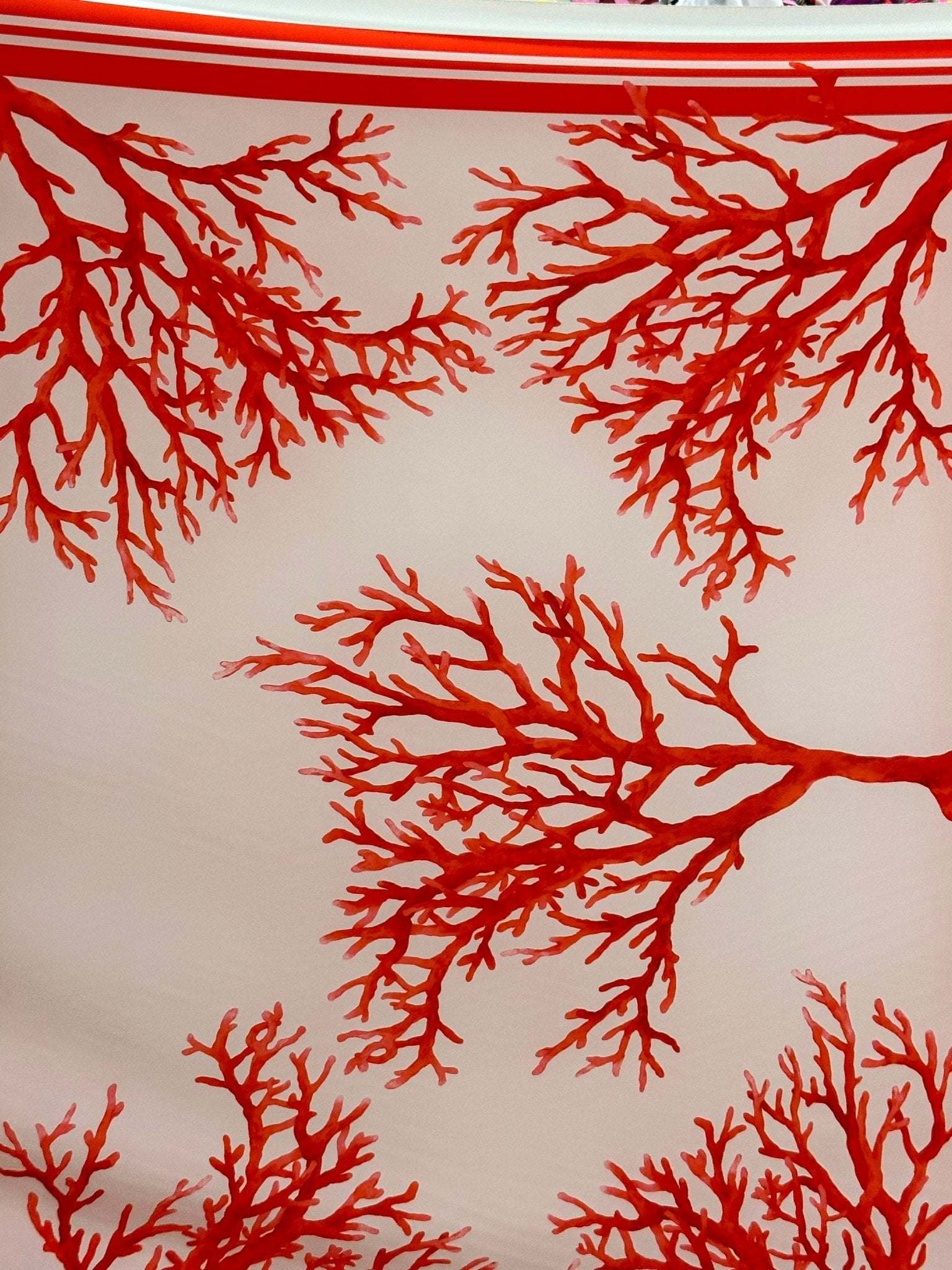 Coral pattern silky crepe fabric in vibrant red and soft pink with a 150cm width and silky texture