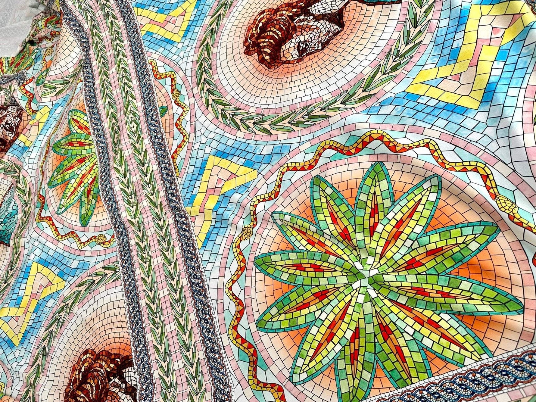 Greek Mosaic Print silky crepe fabric with colorful floral and geometric mosaic patterns in a 150x100cm panel