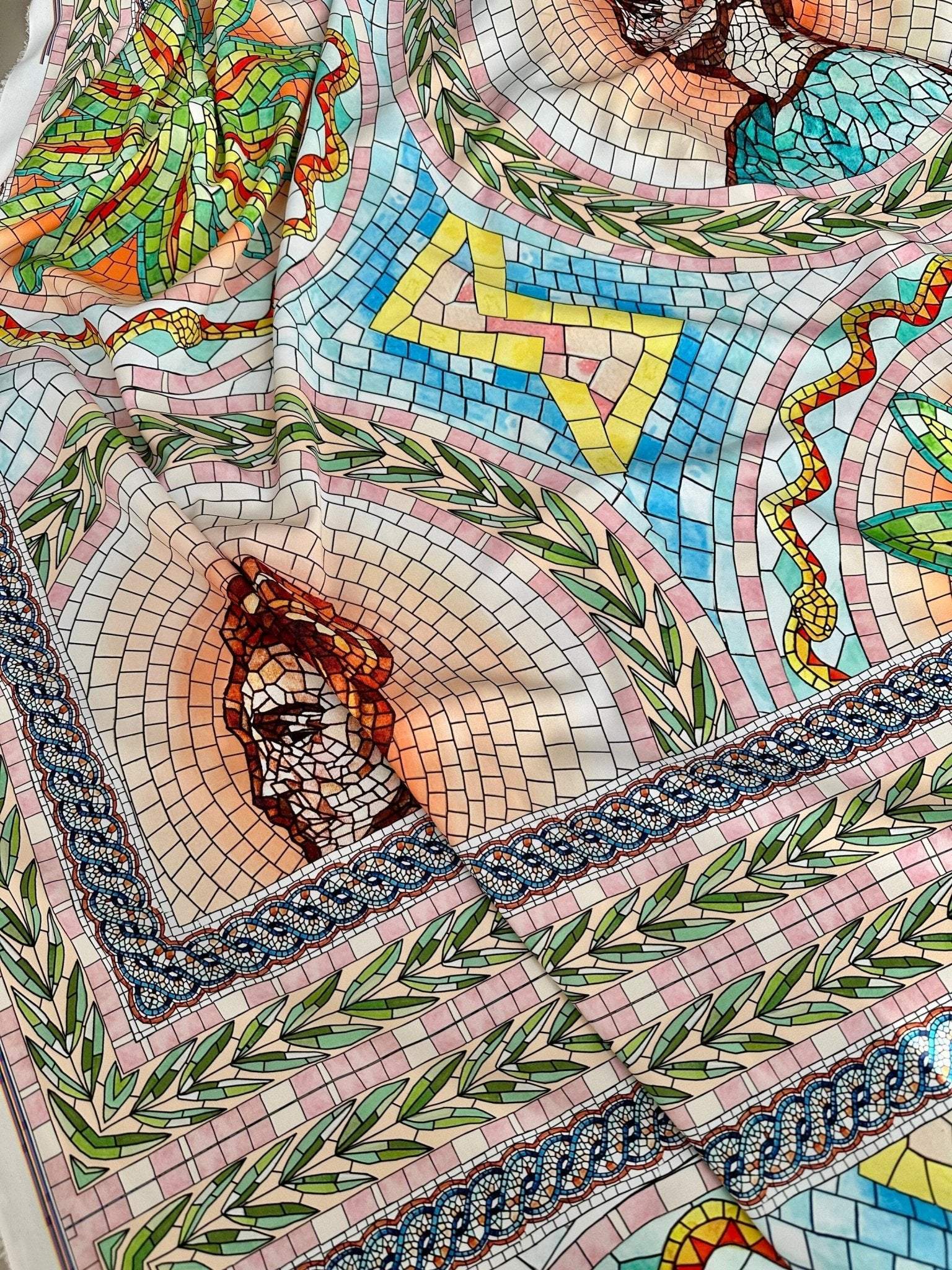Greek Mosaic Print silky crepe fabric panel with intricate colorful mosaic and classical motifs