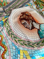 Greek Mosaic Print silky crepe fabric with detailed classical portrait and colorful geometric patterns