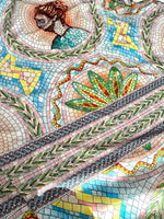 Greek Mosaic Print silky crepe fabric panel with intricate mosaic patterns and classical designs in vibrant colors