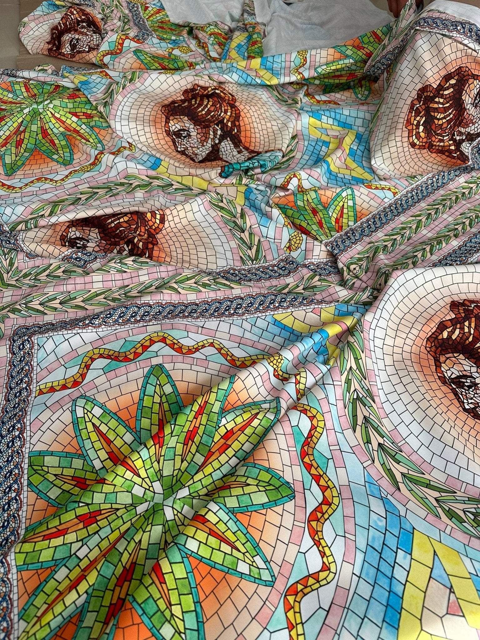 Greek mosaic print silky crepe fabric with colorful ancient-style geometric and portrait patterns in 150x100cm panel
