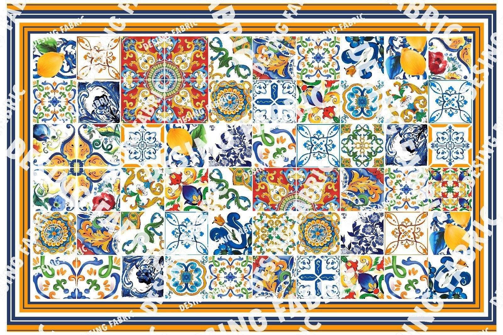 Sicilian Print Silky Crepe Fabric with colorful Mediterranean tile and lemon pattern, 150cm wide textile panel