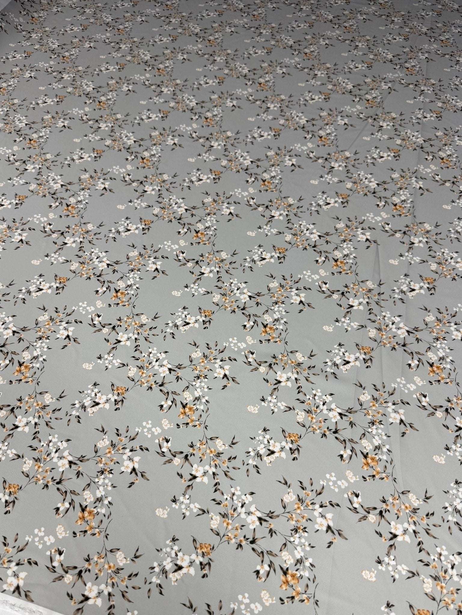 Delicate cherry blossom print fabric with soft pastel floral pattern on light grey background, sold by the yard, fabric width 150cm